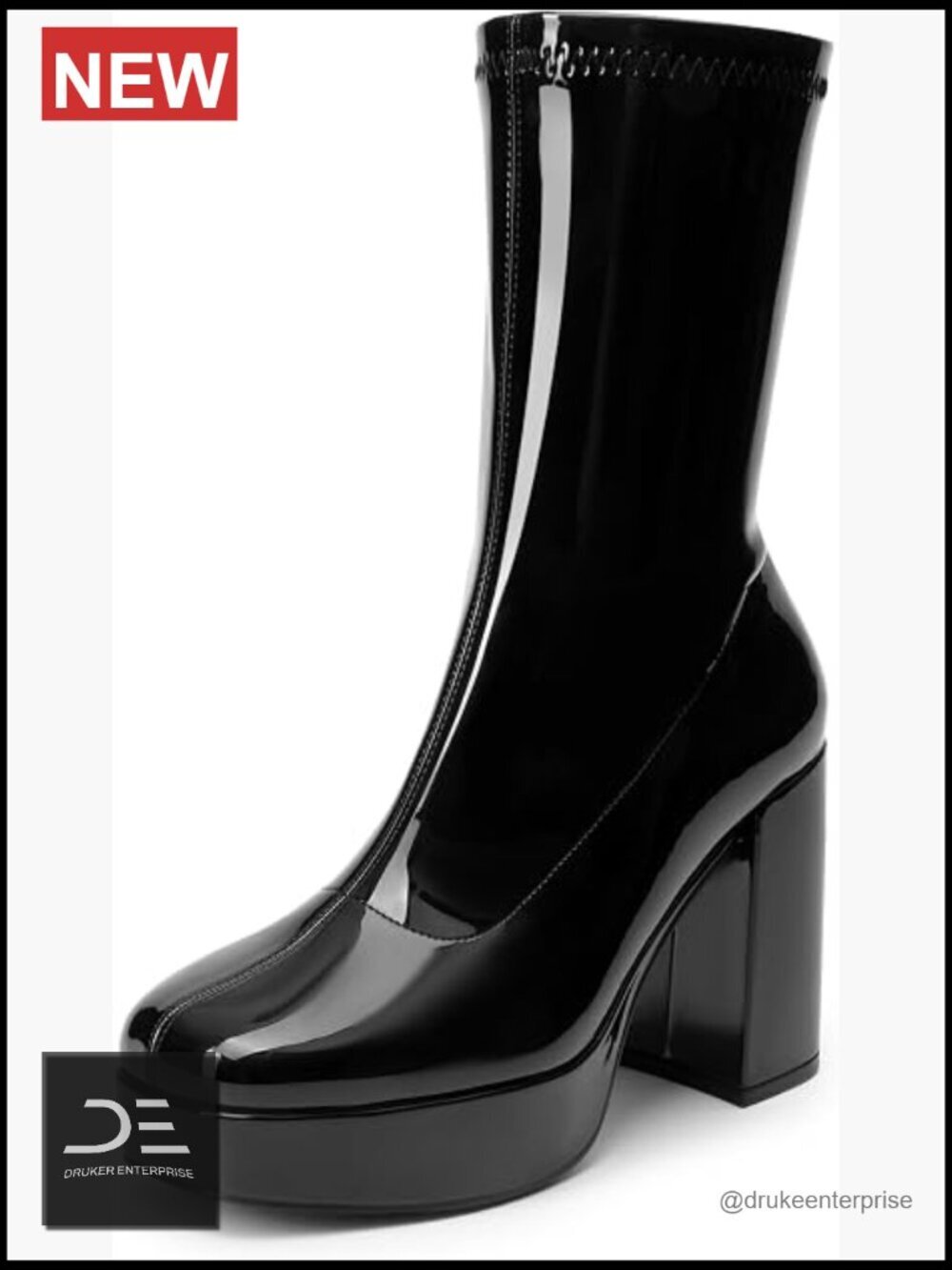 Mid Calf Gogo Boots Platform Chunky Block Heel Square Toe Ankle Boots Faux